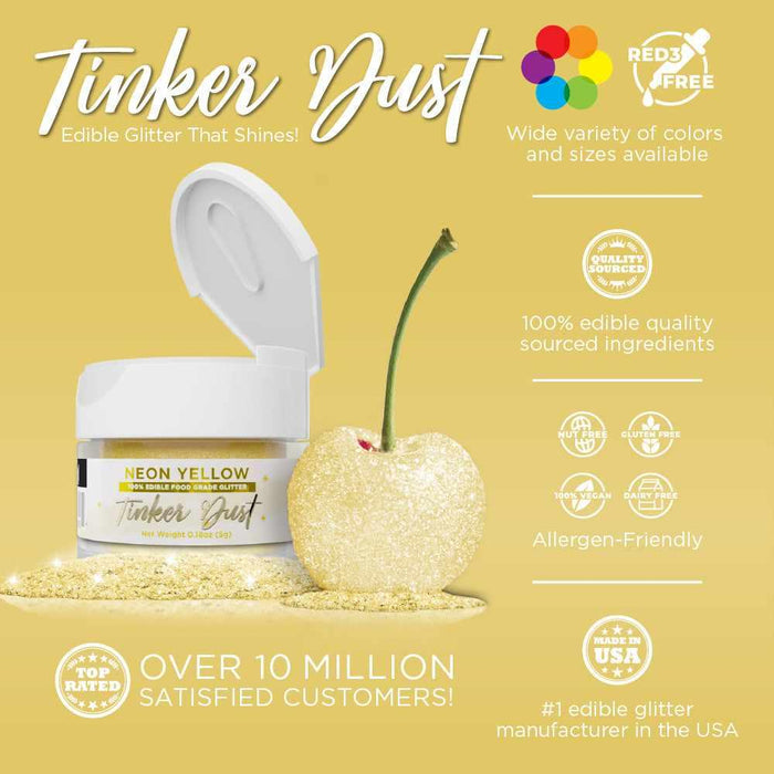 Neon Yellow Tinker Dust edible glitter jar with an open lid, next to a glitter-covered cherry.