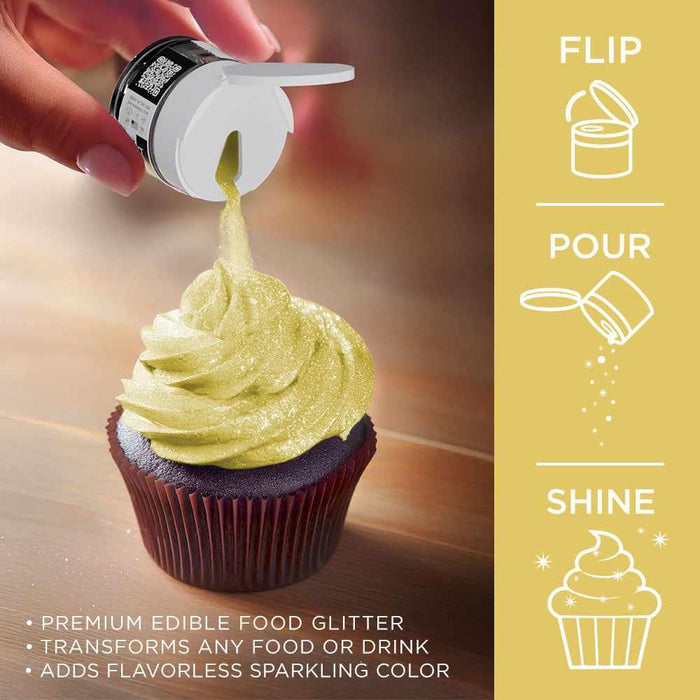 Hand sprinkling bright neon yellow Tinker Dust edible glitter onto a chocolate cupcake.