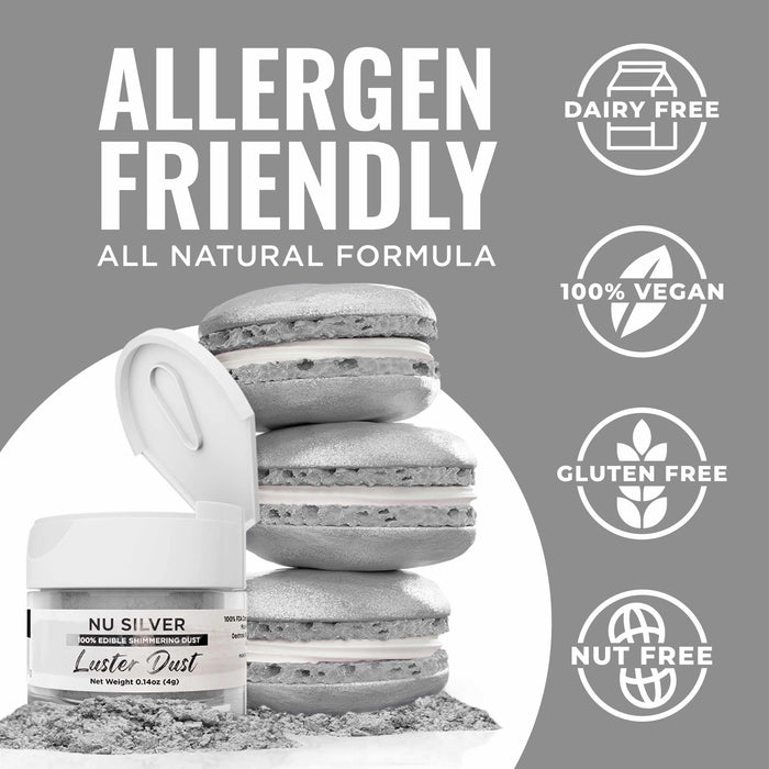 Nu Super Silver Luster Dust in a white jar next to three silver macarons, highlighting allergen-friendly features.