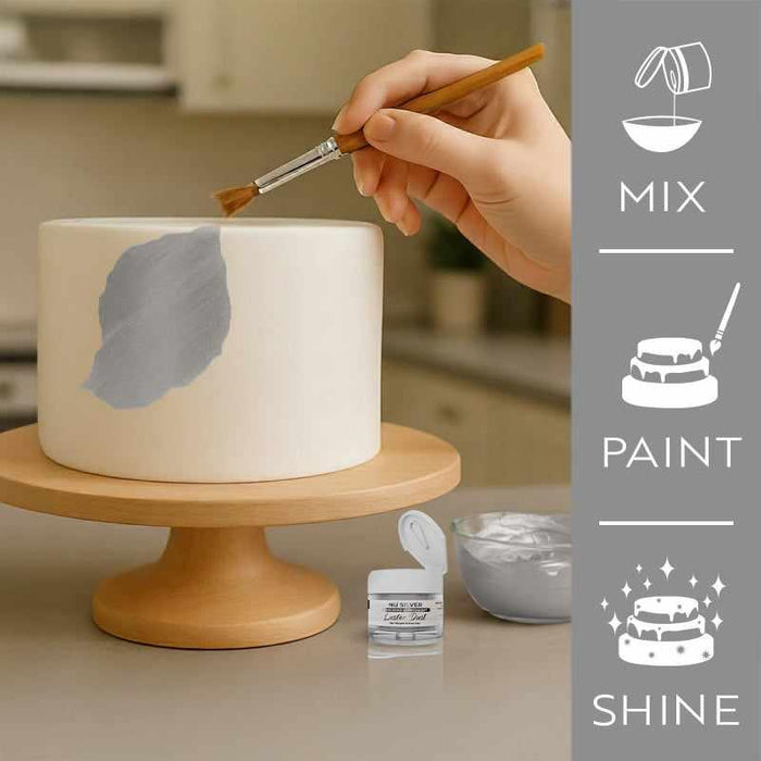 Hand painting a white cake with Nu Super Silver Luster Dust, showing mix, paint, and shine steps.