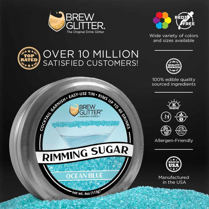 Ocean Blue Rimming Sugar in a round, resealable aluminum tin, surrounded by shimmering blue sugar.