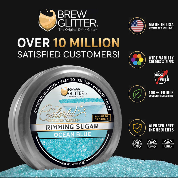 Ocean Blue cocktail rimming sugar in a 4oz resealable silver tin with vibrant blue sugar crystals and product information icons.