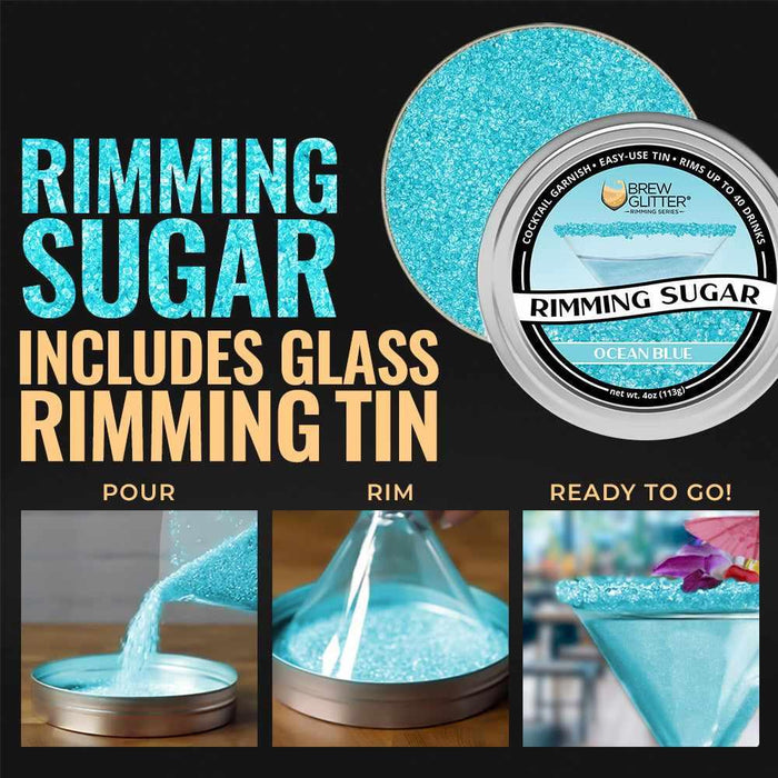 Ocean Blue shimmering rimming sugar in a circular aluminum tin, shown pouring, rimming, and on a cocktail glass.