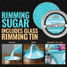 Ocean Blue shimmering rimming sugar in a circular aluminum tin, shown pouring, rimming, and on a cocktail glass.