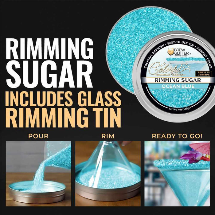 Ocean Blue cocktail rimming sugar in a 4oz tin with steps showing how to pour, rim a glass, and serve a finished drink.