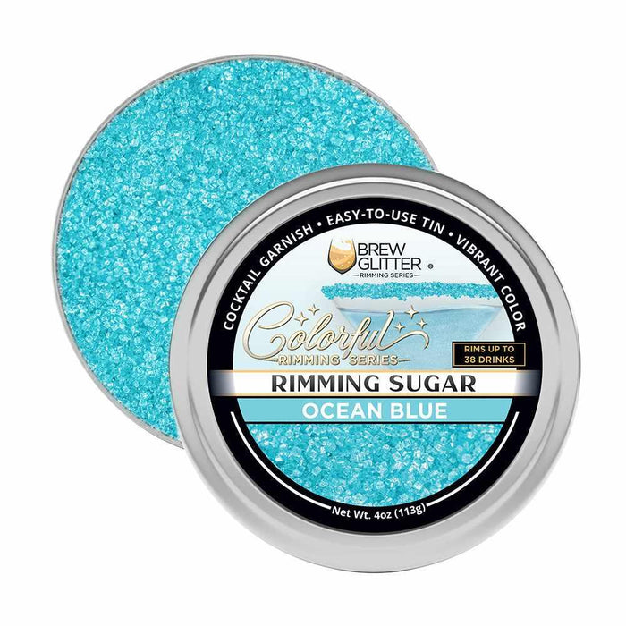 Ocean Blue cocktail rimming sugar in a 4oz silver tin with a branded label.