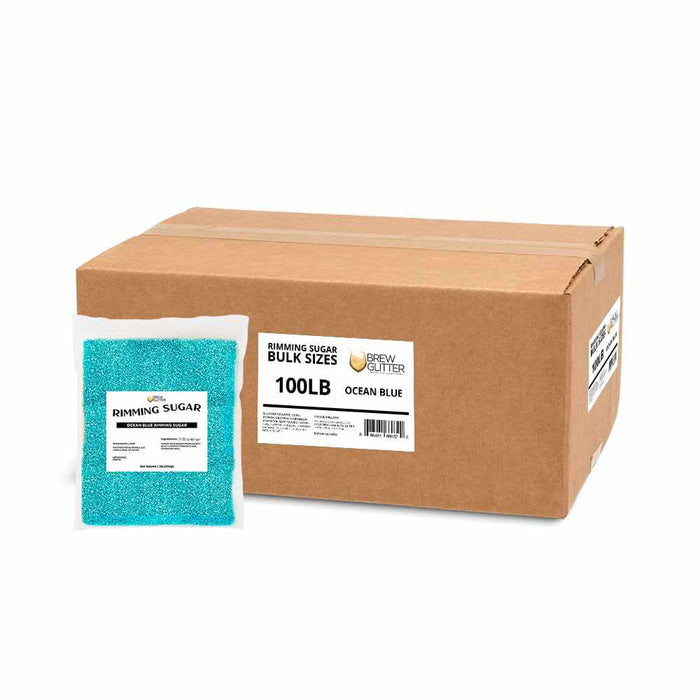 100lb bulk box of Brew Glitter ocean blue cocktail rimming sugar with a single 1lb bag displayed in front.