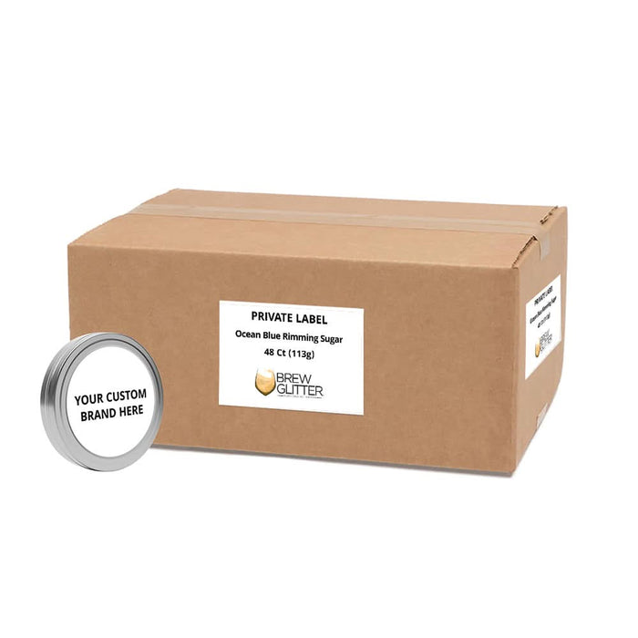 white label cocktail sugar tin next to shipping box