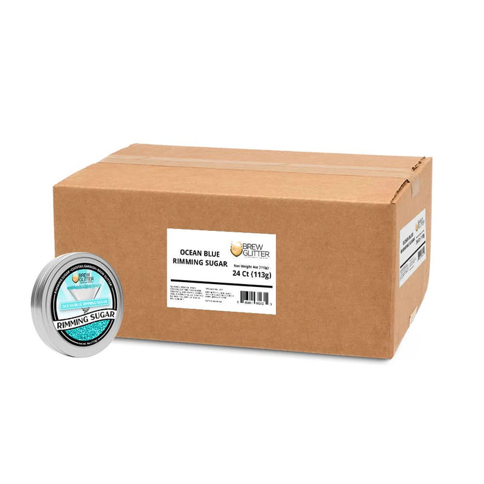 ocean blue cocktail sugar tin next to shipping box