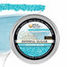 Ocean Blue cocktail rimming sugar in a round 4oz tin with a vibrant blue sugar-coated martini glass rim.