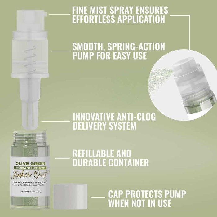 Olive Green Edible Glitter Spray 4g Pump | Tinker Dust®-B2C_Tinker Dust_Mini Pump-bakell