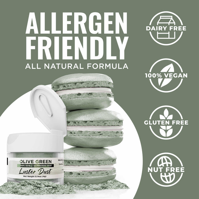 Olive green luster dust in an open jar next to a stack of macarons, highlighting allergen-friendly features.