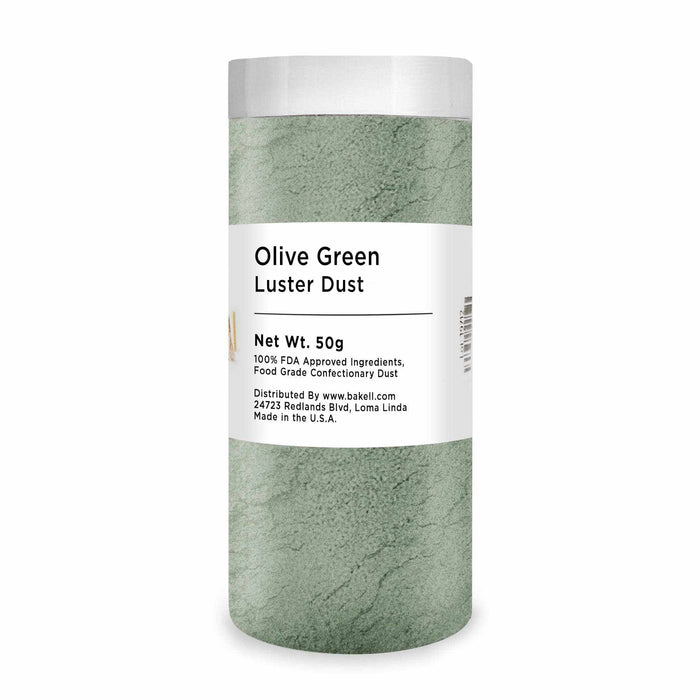 Olive Green Luster Dust in a 50g clear container with a white label, showing a pearlized finish.