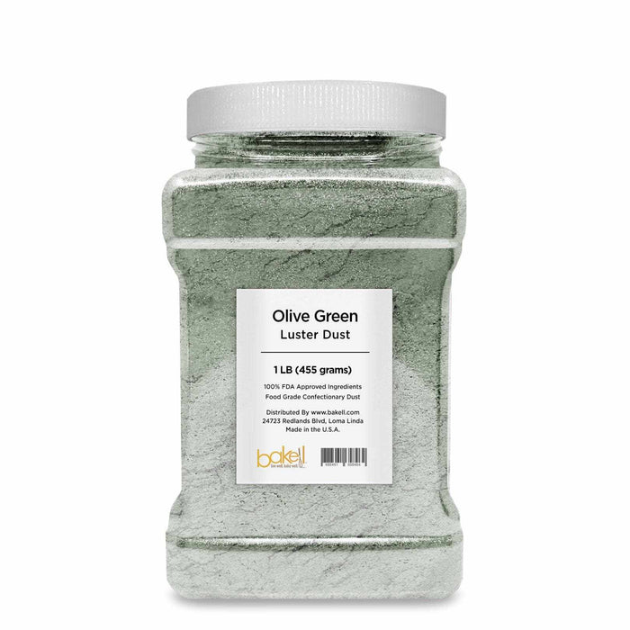 1 LB clear jar of olive green luster dust with a white cap and product label.