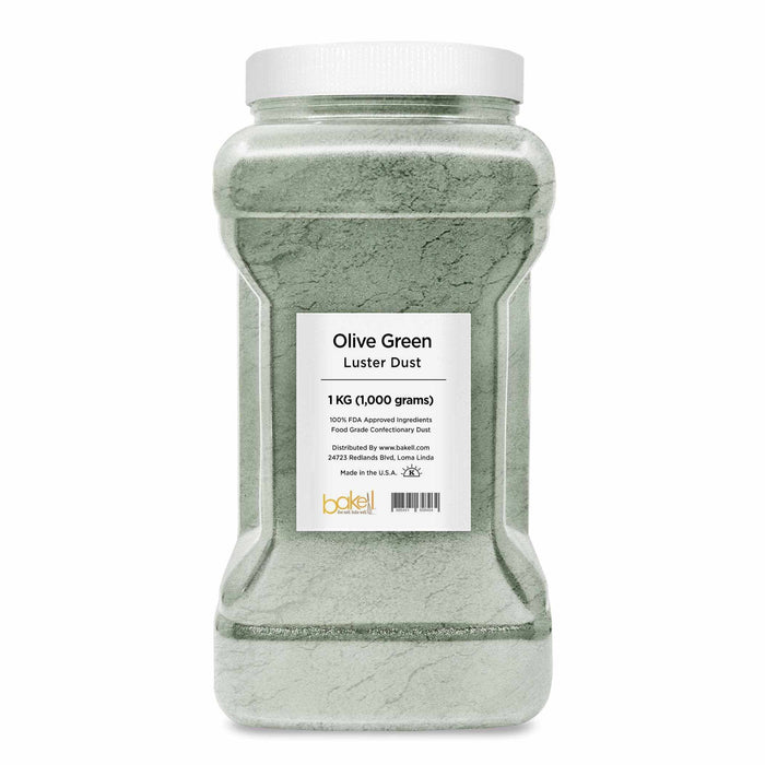 Large 1kg container of olive green luster dust with a white lid and product label.