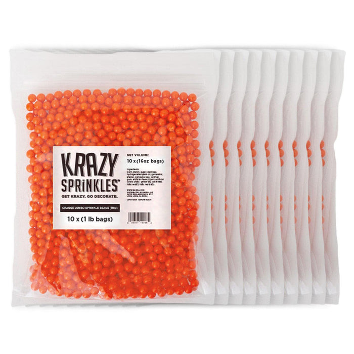 Case of 10 clear bags filled with bright orange 8mm edible sprinkle beads.