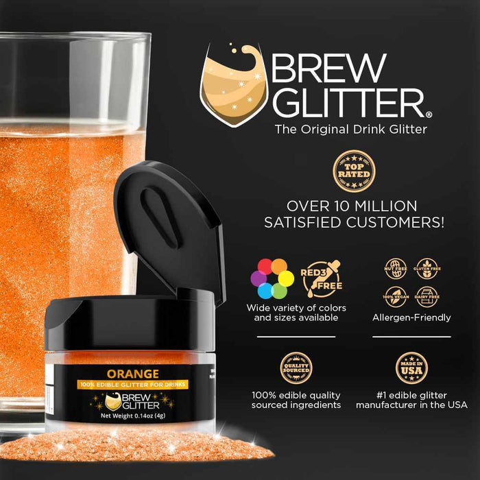 Orange Brew Glitter® in a small black jar with a drink glass in the background.
