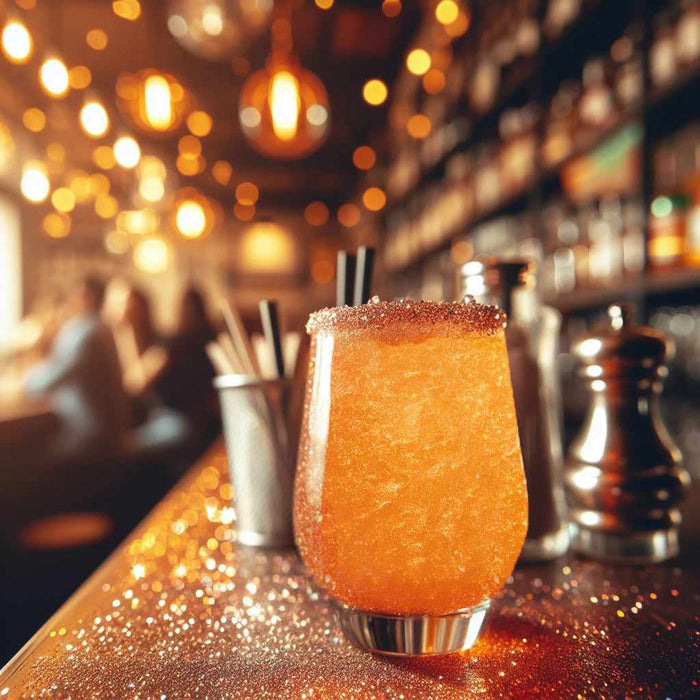 Orange Color Changing Brew Glitter® cocktail with a glitter-rimmed glass on a sparkling bar.