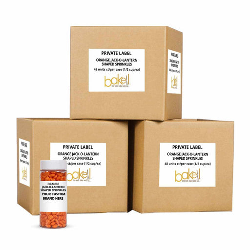 white label sprinkle jar filled with jack o lantern candies surrounded by wholesale boxes