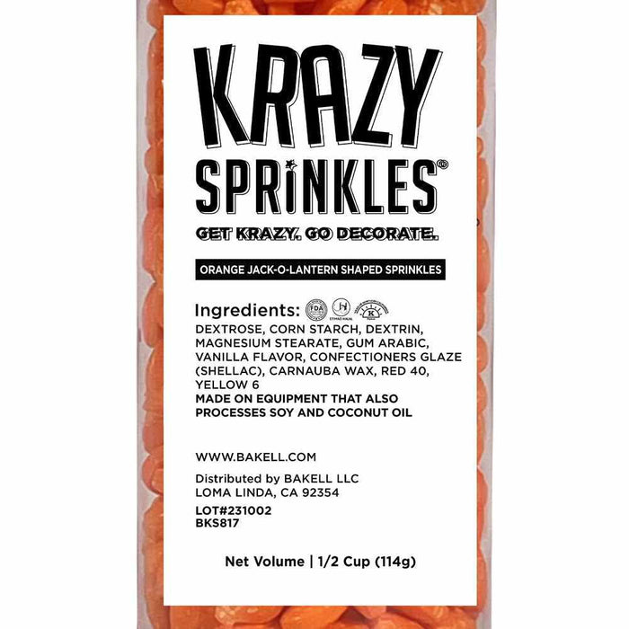 Krazy Sprinkles orange jack-o-lantern shaped sprinkles in a clear container, 1/2 cup volume.