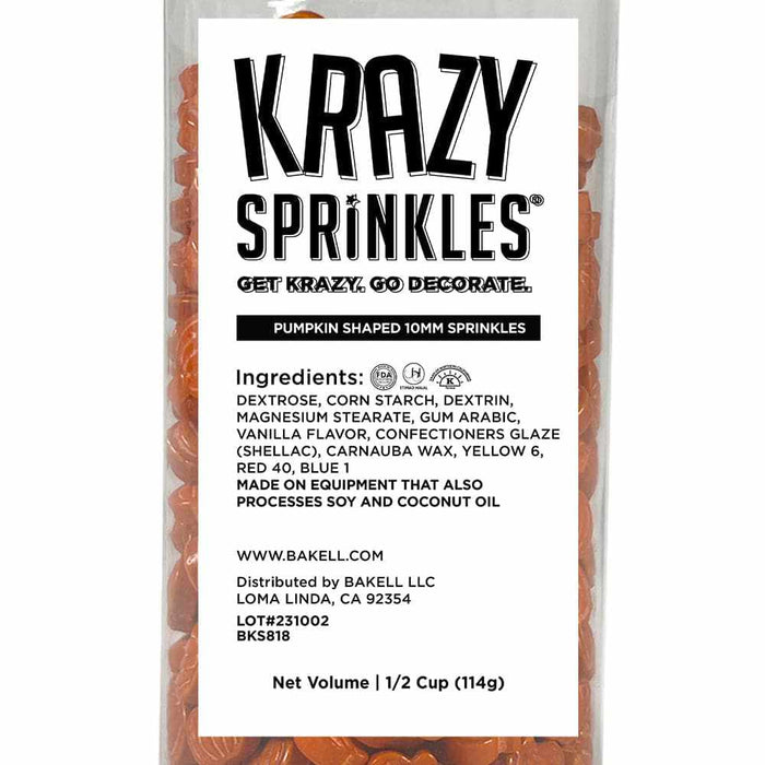 close up of ingredients label for orange pumpkin candy sprinkles
