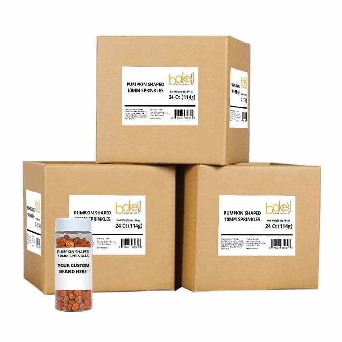 white label sprinkle jar filled with orange pumpkin candies surrounded by wholesale boxes