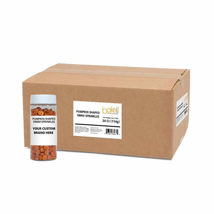 direct shot of jar filled with orange pumpkin candy sprinkles with a custom label product