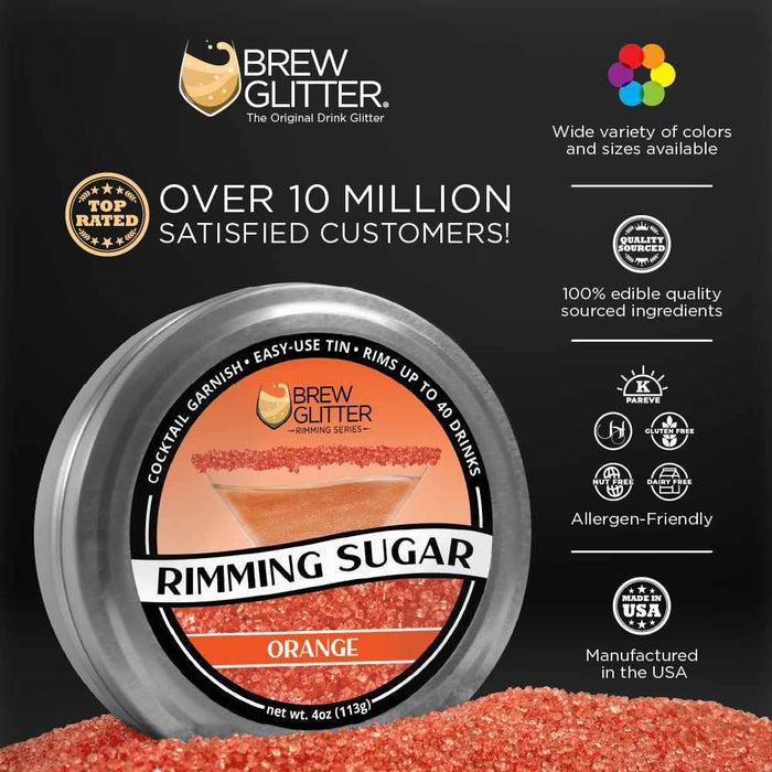 Brew Glitter Orange Rimming Sugar in a 4oz aluminum tin, featuring a cocktail glass with orange sugar rim.