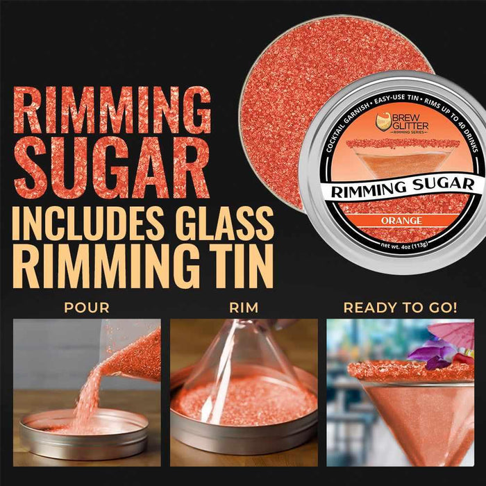 Orange Rimming Sugar in an aluminum tin, with steps for pouring, rimming, and a finished cocktail glass.