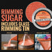 Orange Rimming Sugar in an aluminum tin, with steps for pouring, rimming, and a finished cocktail glass.