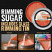 Vibrant orange shimmering cocktail rimming sugar in a round aluminum tin with step-by-step glass rimming instructions.