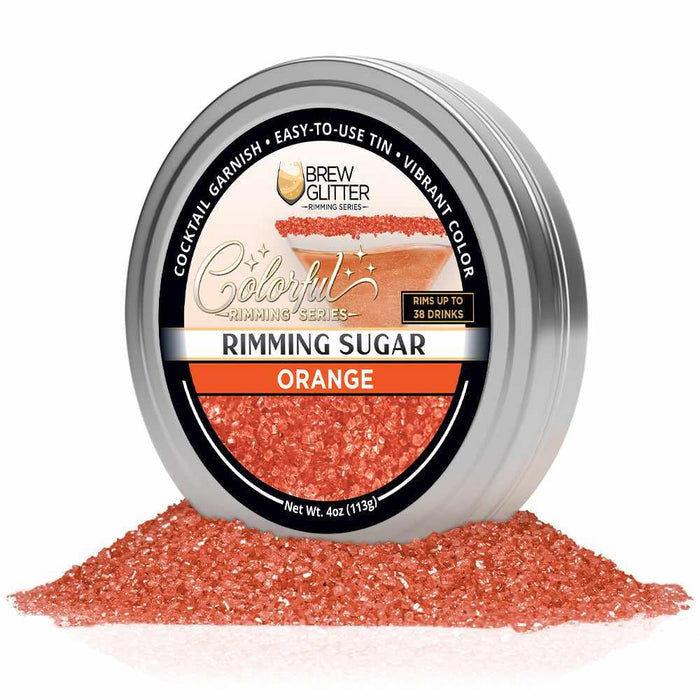 Orange shimmering cocktail rimming sugar in a round aluminum tin with black and orange branding label.
