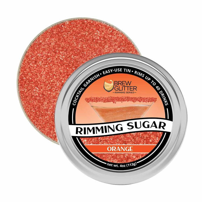 Brew Glitter Orange Rimming Sugar in an open 4oz aluminum tin, showing shimmering orange sugar crystals.