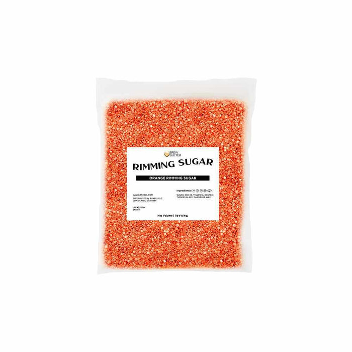 One-pound bag of vibrant orange cocktail rimming sugar with a Brew Glitter product label on a white background.