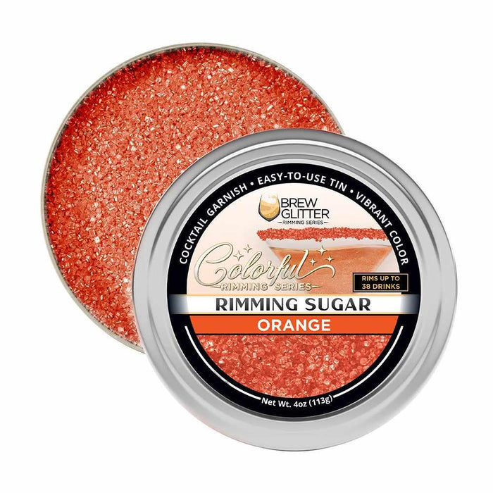 Open 4oz aluminum tin of vibrant orange cocktail rimming sugar with a branded label for decorating drink glasses.