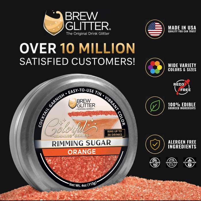 Orange rimming sugar in a 4oz resealable aluminum tin for decorating cocktail and mocktail glasses.