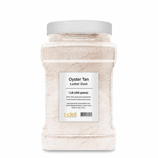 Oyster Tan Luster Dust, 1 LB (455 grams) bulk size, in a clear plastic jar with a white lid.