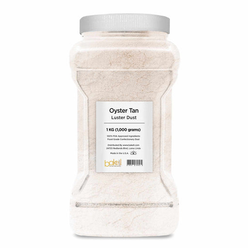 Large clear plastic jar of Oyster Tan Luster Dust, 1kg size, with a white screw-top lid.
