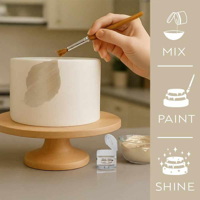 Hand painting a white cake with pale gold luster dust, showing mix, paint, and shine steps.