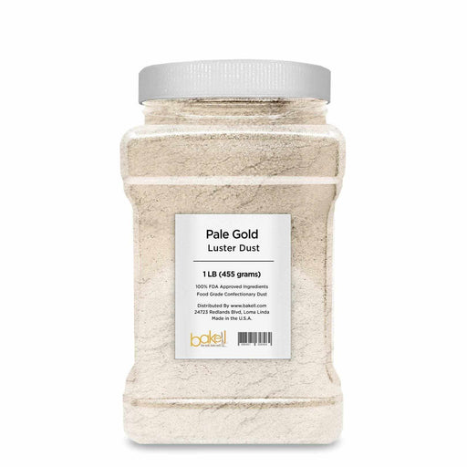 Pale gold luster dust in a 1 LB (455 grams) clear bulk jar with a white lid.