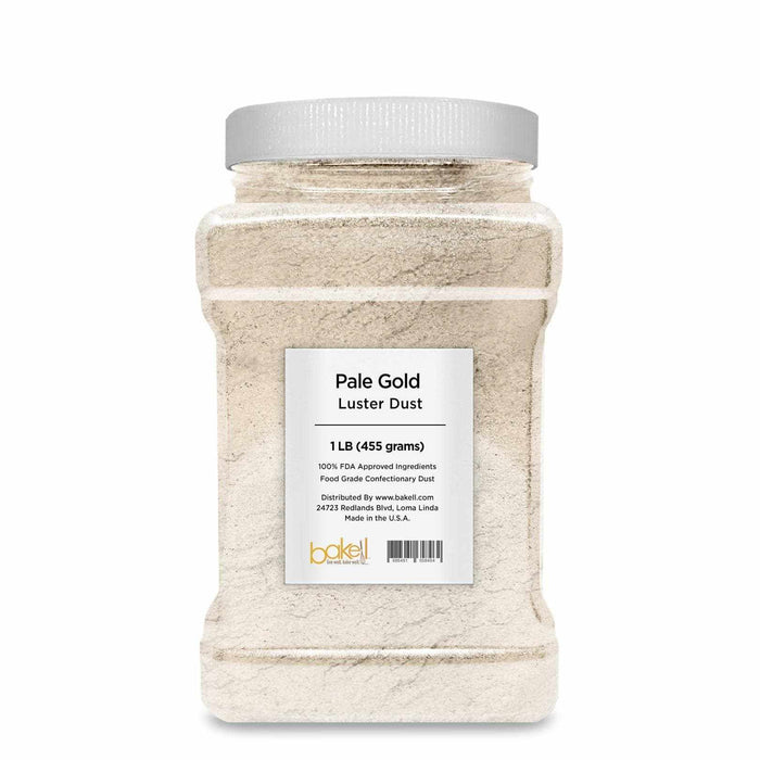 Pale gold luster dust in a 1 LB (455 grams) clear bulk jar with a white lid.