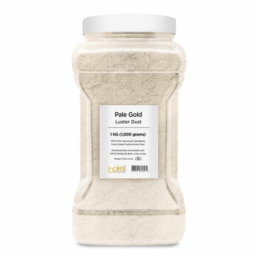 Large clear jar of Pale Gold Luster Dust, 1KG size, with a white lid and product label.