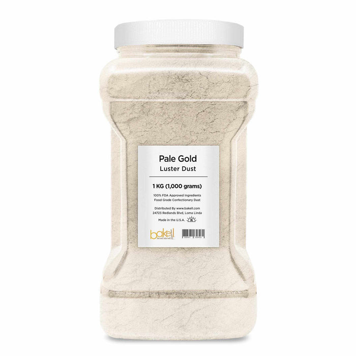 Large clear jar of Pale Gold Luster Dust, 1KG size, with a white lid and product label.
