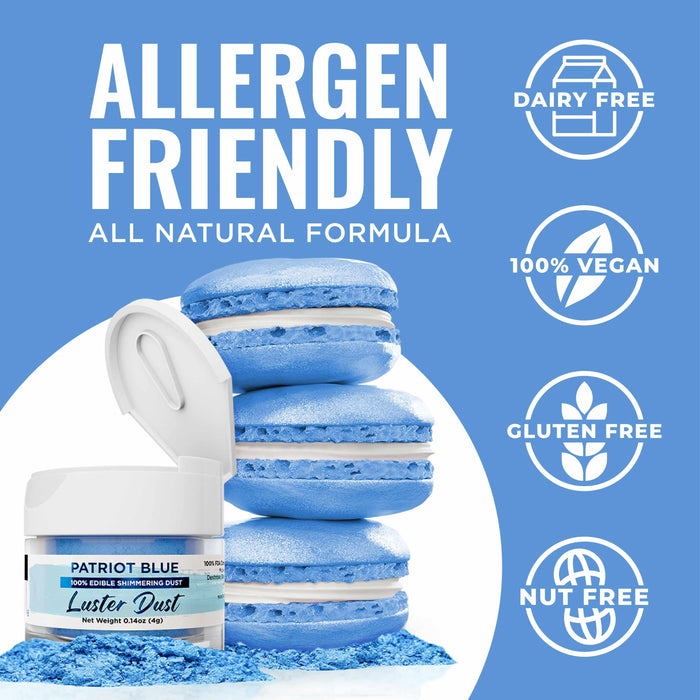 Patriot Blue Luster Dust in an open jar next to blue macarons, highlighting allergen-friendly features.