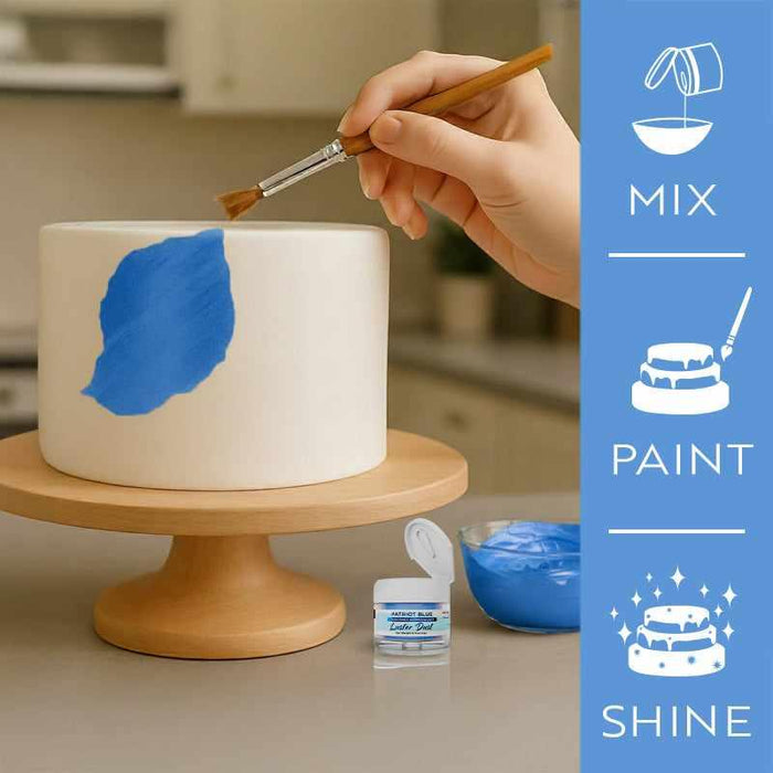 Hand painting a white cake with Patriot Blue Luster Dust, showing mix, paint, and shine icons.