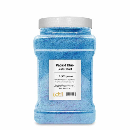 1 LB clear container of Patriot Blue Luster Dust, a fine, glossy, pearl-like edible powder.