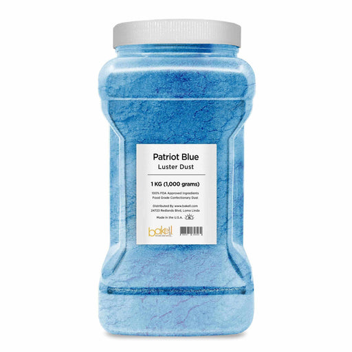 1KG bulk container of Patriot Blue Luster Dust, a fine, glossy, pearl-like edible powder.