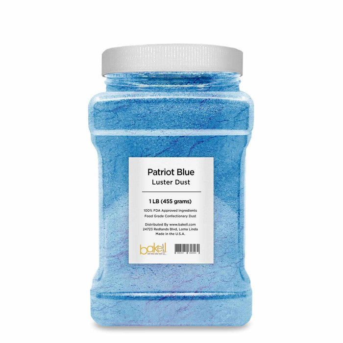 1 LB clear container of Patriot Blue Luster Dust, a fine, glossy, pearl-like edible powder.