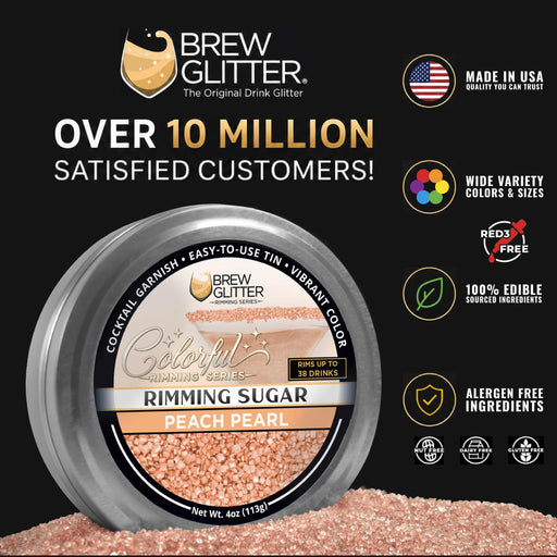 Peach Pearl rimming sugar in a 4oz metal tin with a branded label, surrounded by sparkling orange-tinted sugar crystals.