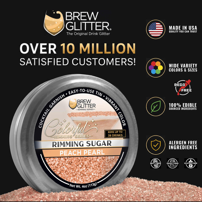 Peach Pearl rimming sugar in a 4oz metal tin with a branded label, surrounded by sparkling orange-tinted sugar crystals.